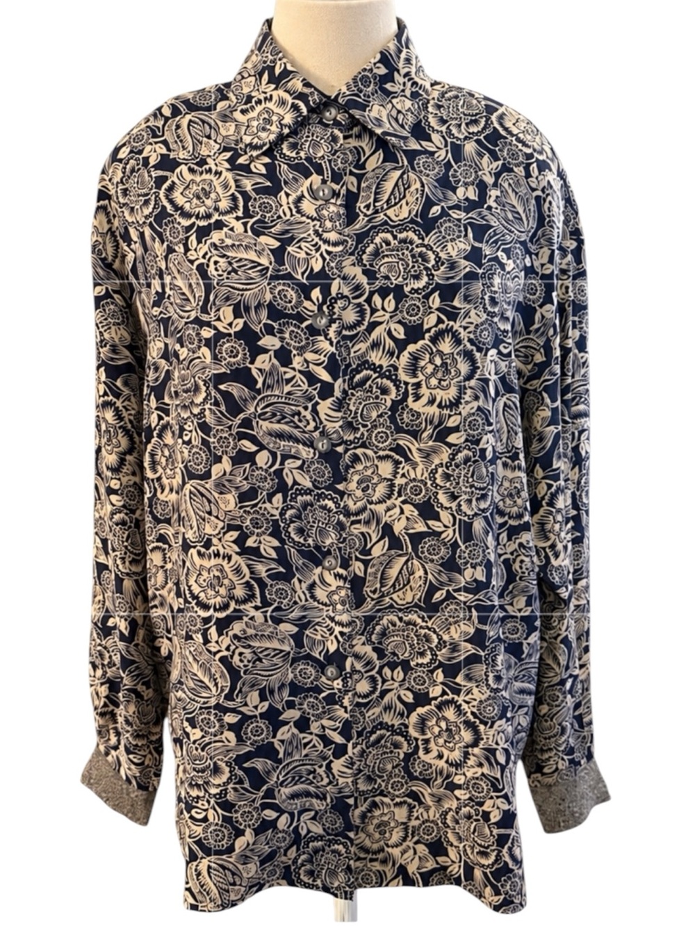 Vintage First Issue 100% Silk Floral Blouse Black Tan Button Front Medium